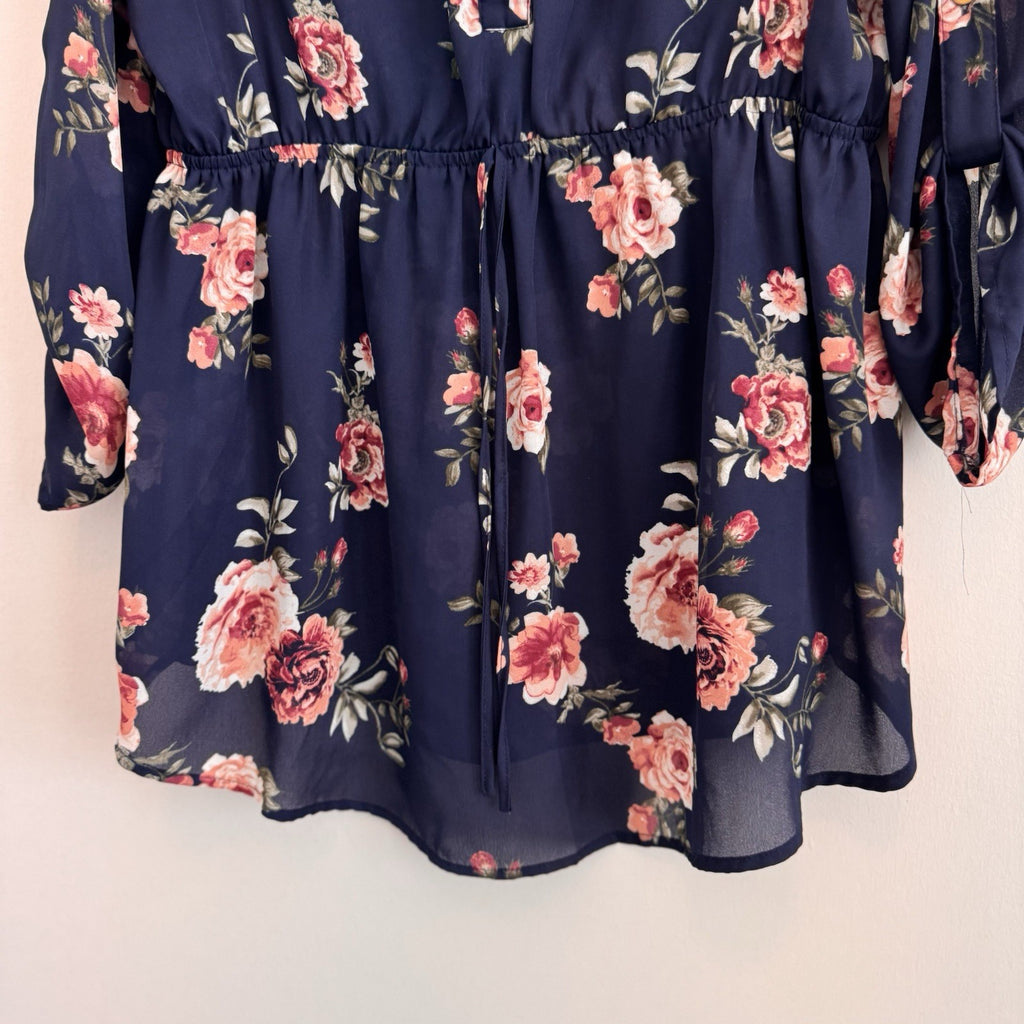 J for Justify Navy Floral Peplum Tunic Blouse Roll Tab Sleeve XL