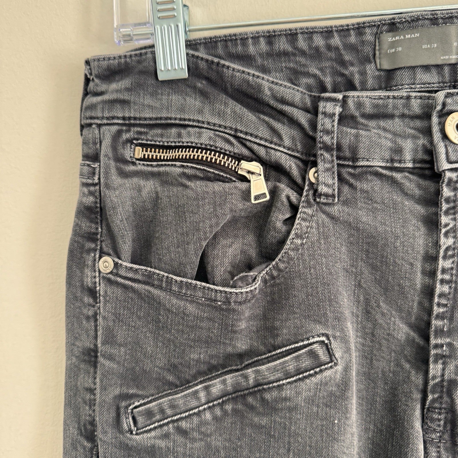 ZARA MAN Gray Biker Jeans 30 Skinny Moto Denim Ribbed Paneling Zipper Pockets