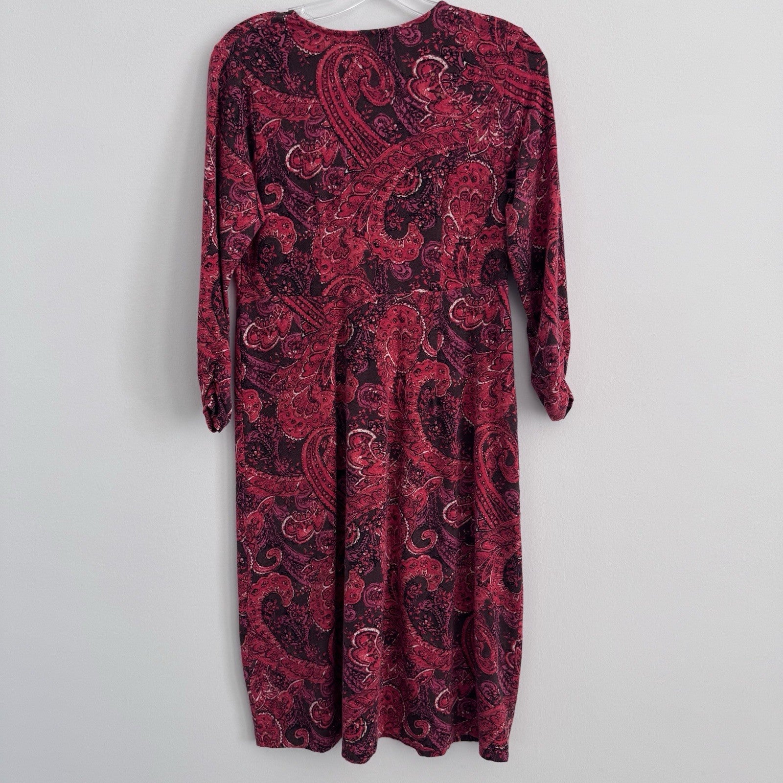 J Jill Sz Small Red Paisley Faux Wrap Vneck 3/4 Sleeve Pima Cotton Dress Stretch