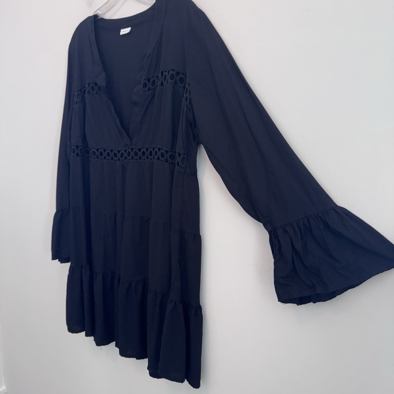 LASCANA Black Boho Tunic Dress Womens US 12/14 Bell Sleeve Crochet Trim