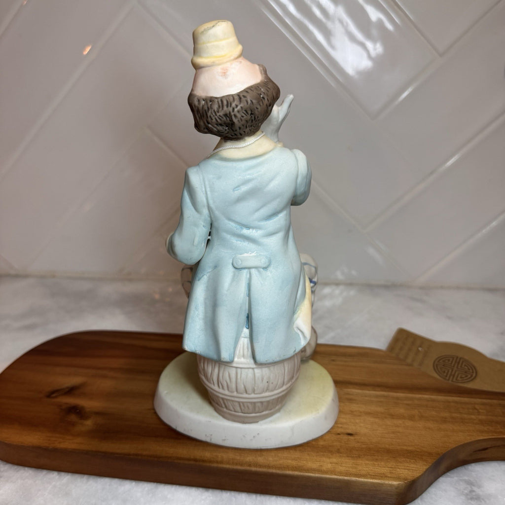 Vintage Bisque Porcelain Hobo Clown Figurine - Sitting on Barrel