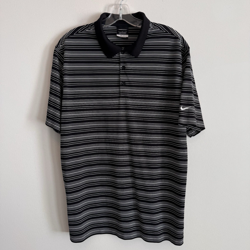Nike Golf Dri Fit Polo Shirt Mens Large Black White Striped Swoosh Golf