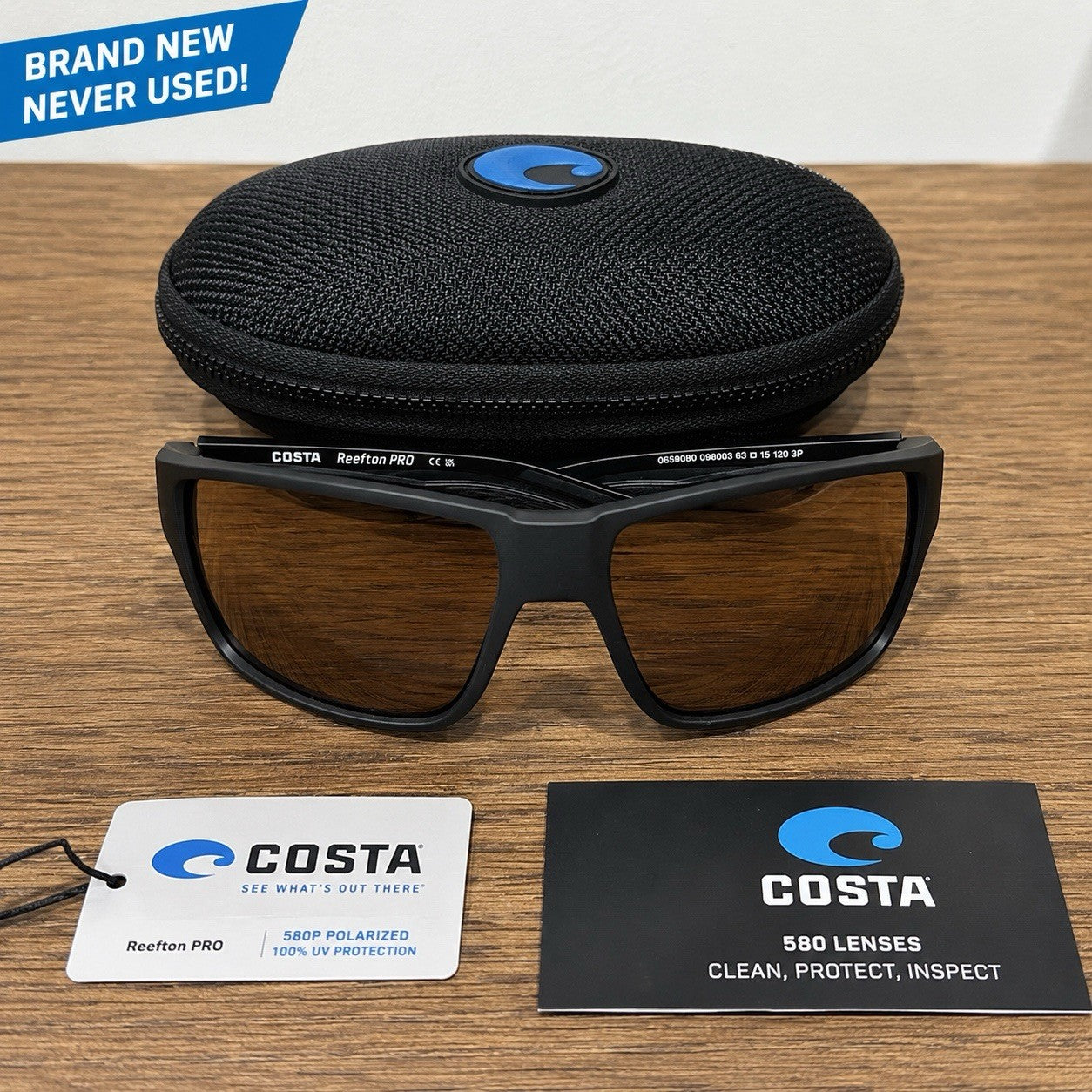 NEW Costa Reefton PRO Polarized Sunglasses Black 580P Brown Lens No Box