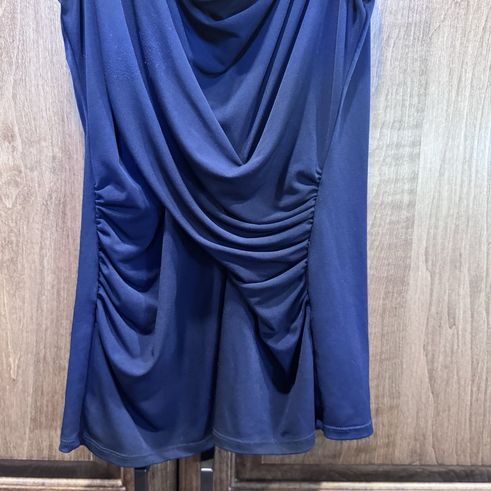 New York & Company Navy Blue Cowl Neck Ruched Stretch Top Blouse– Size XS