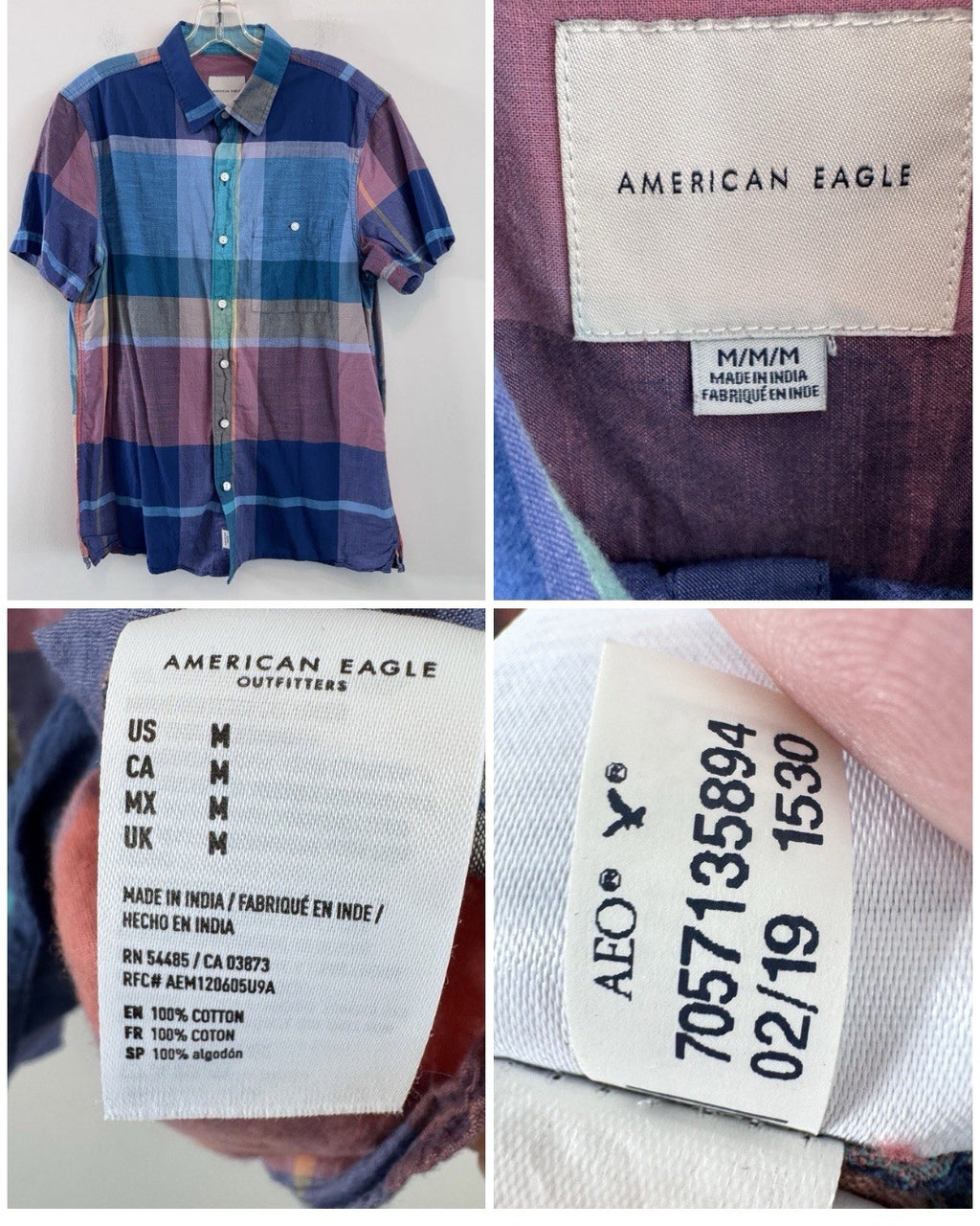 American Eagle Men’s Medium Shirt Lot 7 Plaid Button Up Vintage Fit Classic