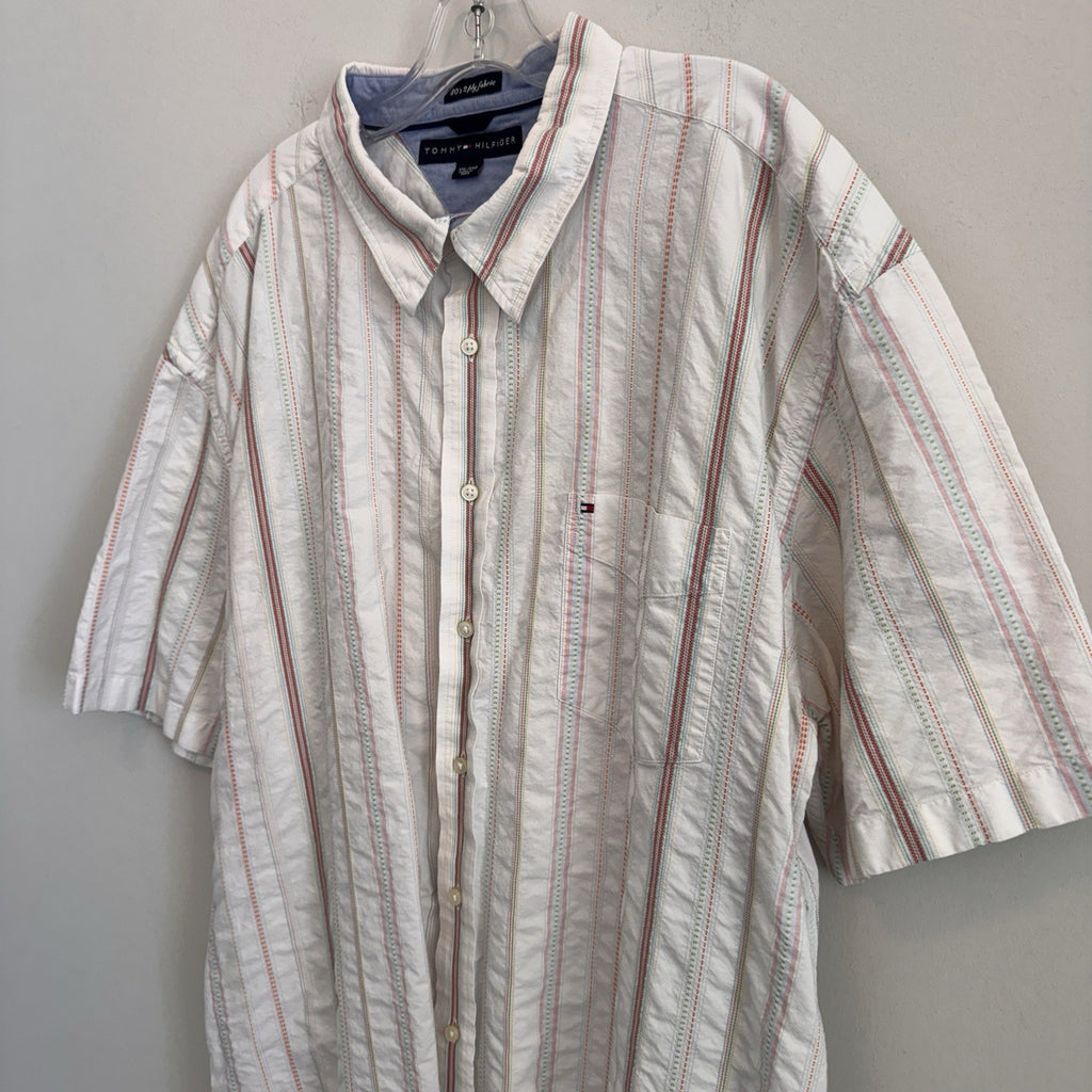 Y2K Tommy Hilfiger Men XXL Button Down Shirt Striped Short Sleeve 80s 2 Ply