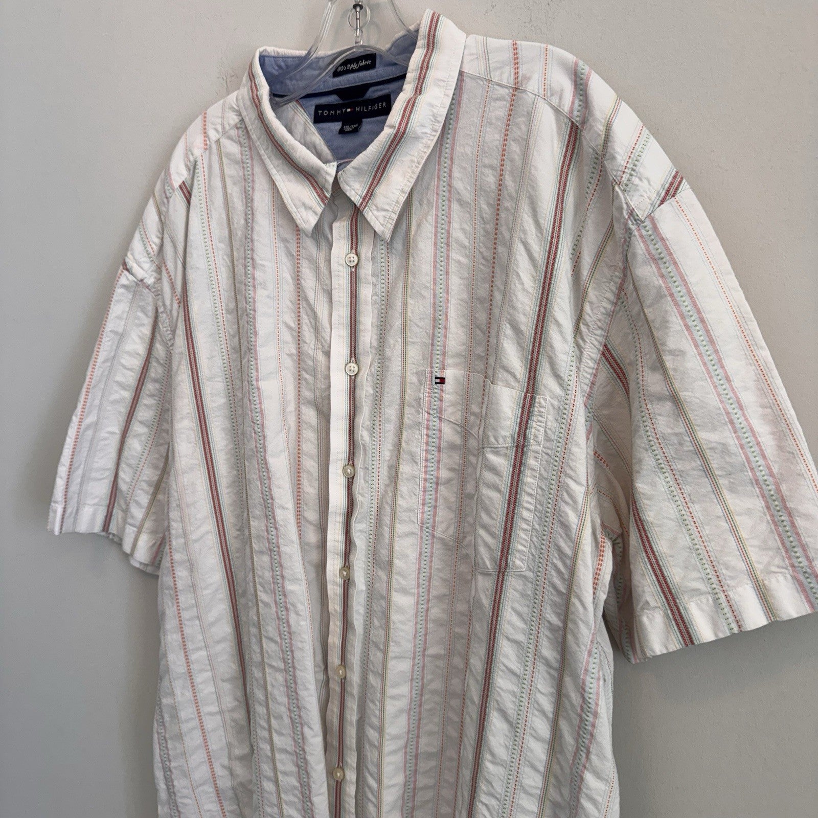 Y2K Tommy Hilfiger Men XXL Button Down Shirt Striped Short Sleeve 80s 2 Ply
