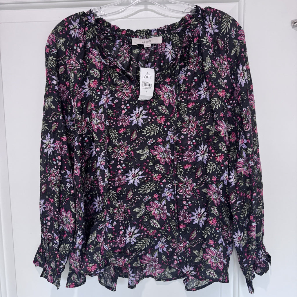 LOFT Floral Long Sleeve Ruffle Blouse Black Pink Purple Top Size Small NWT