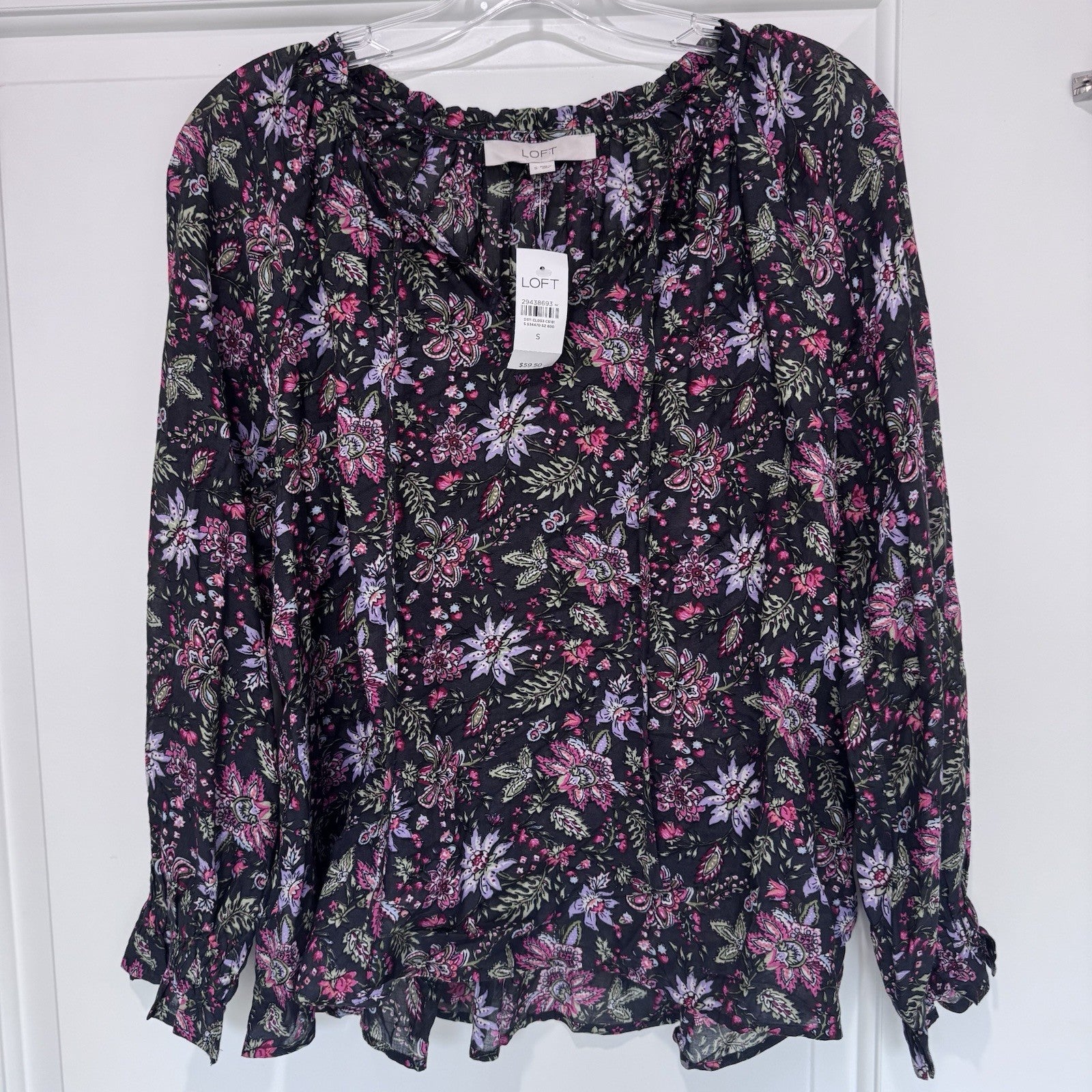 LOFT Floral Long Sleeve Ruffle Blouse Black Pink Purple Top Size Small NWT