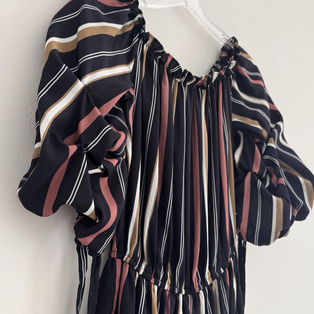 She + Sky Striped Romper Women's Size S Puff Sleeve Off the Shoulder Boho