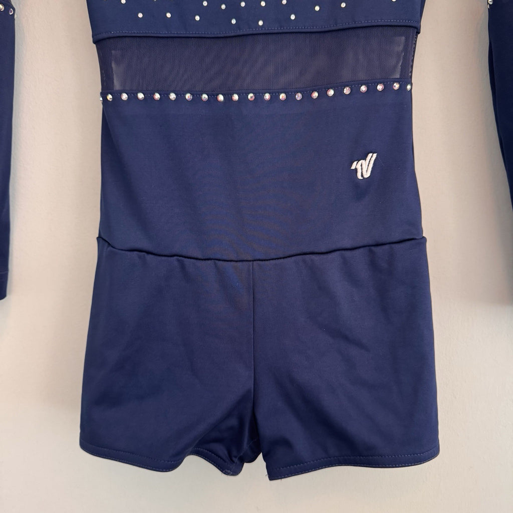 Varsity Spirit Hotshots Girls YM Navy Blue Rhinestone Cheer Uniform Romper