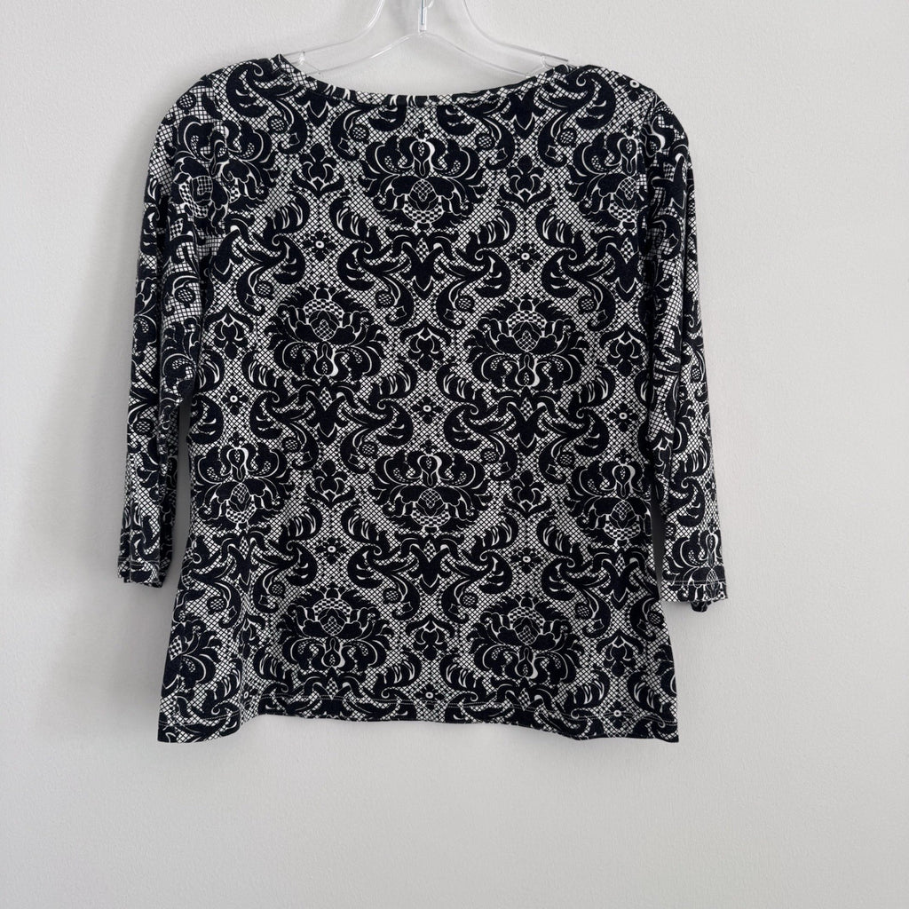 Talbots Petites M Black White Damask 3/4 Sleeve Cotton Top