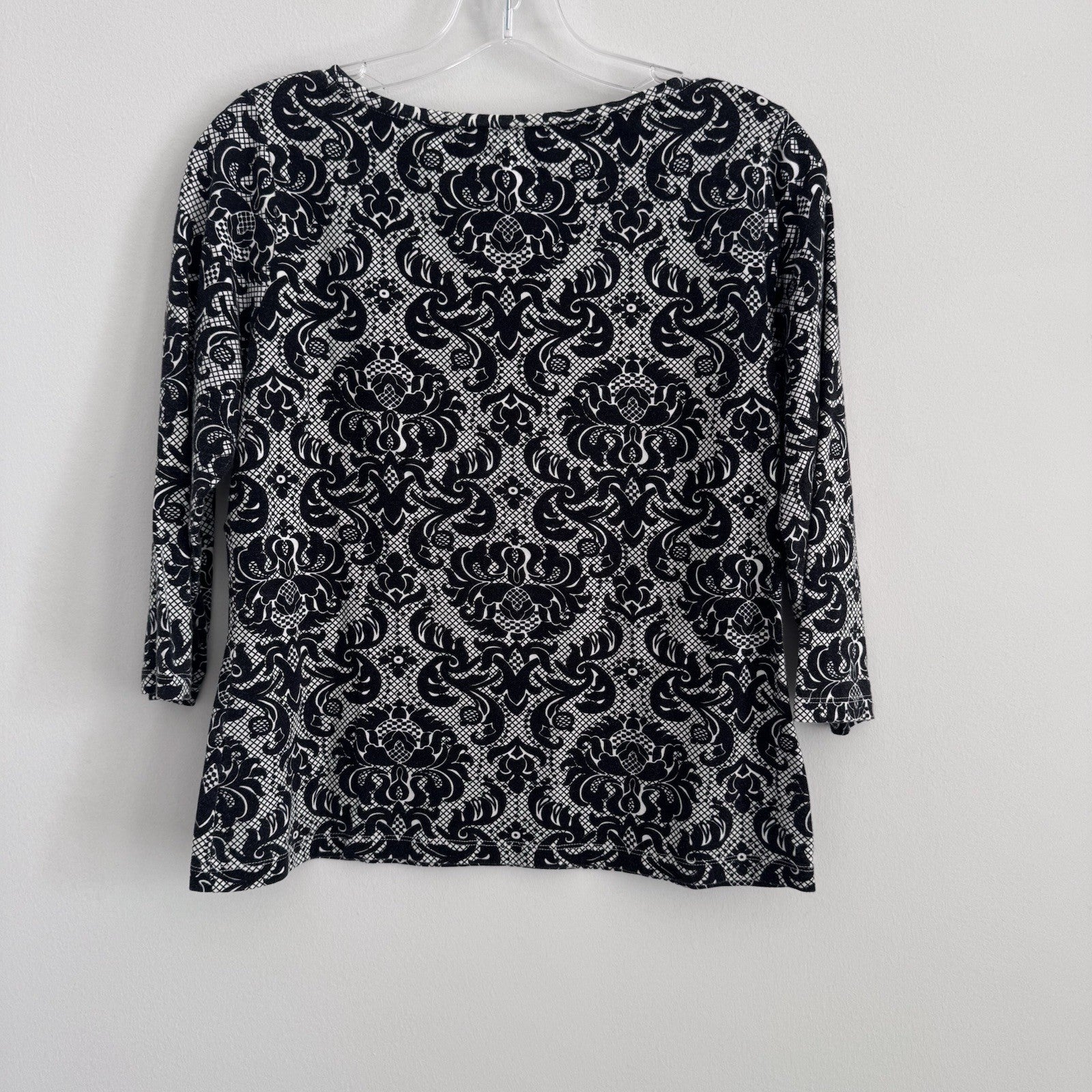 Talbots Petites M Black White Damask 3/4 Sleeve Cotton Top