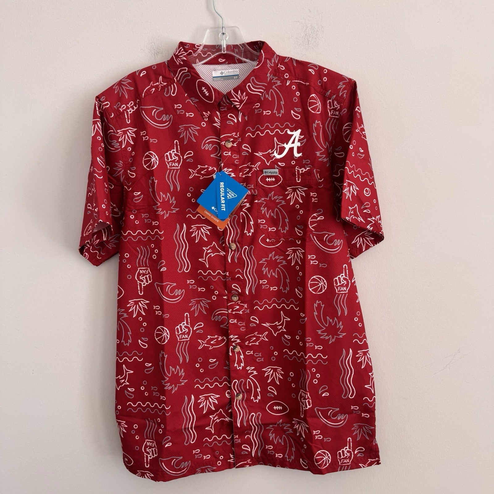 Columbia PFG Alabama Crimson Tide Tamiami Shirt Mens Small Crimson Allover Print