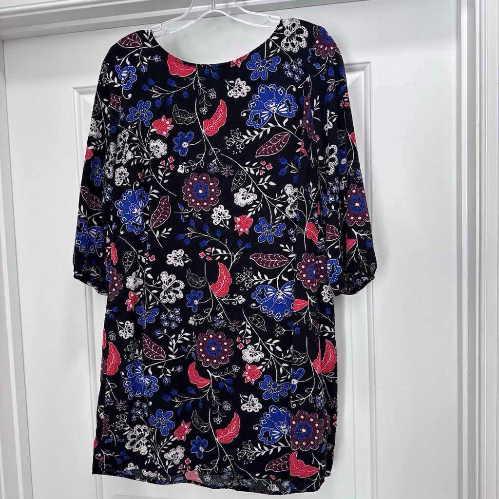 Old Navy Black Floral Dress L Boho Print 3/4 Sleeve Viscose Soft Tunic