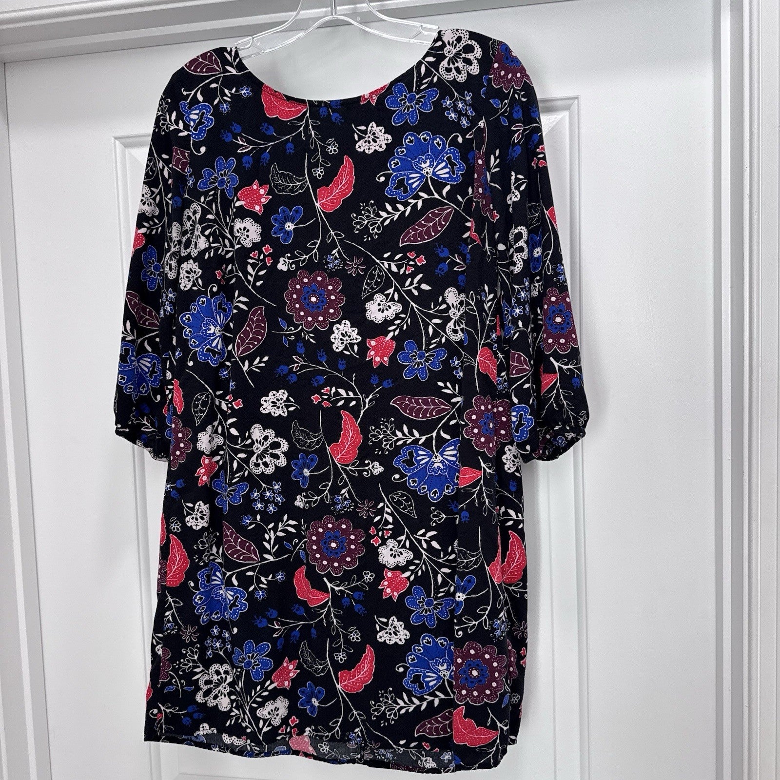 Old Navy Black Floral Dress L Boho Print 3/4 Sleeve Viscose Soft Tunic