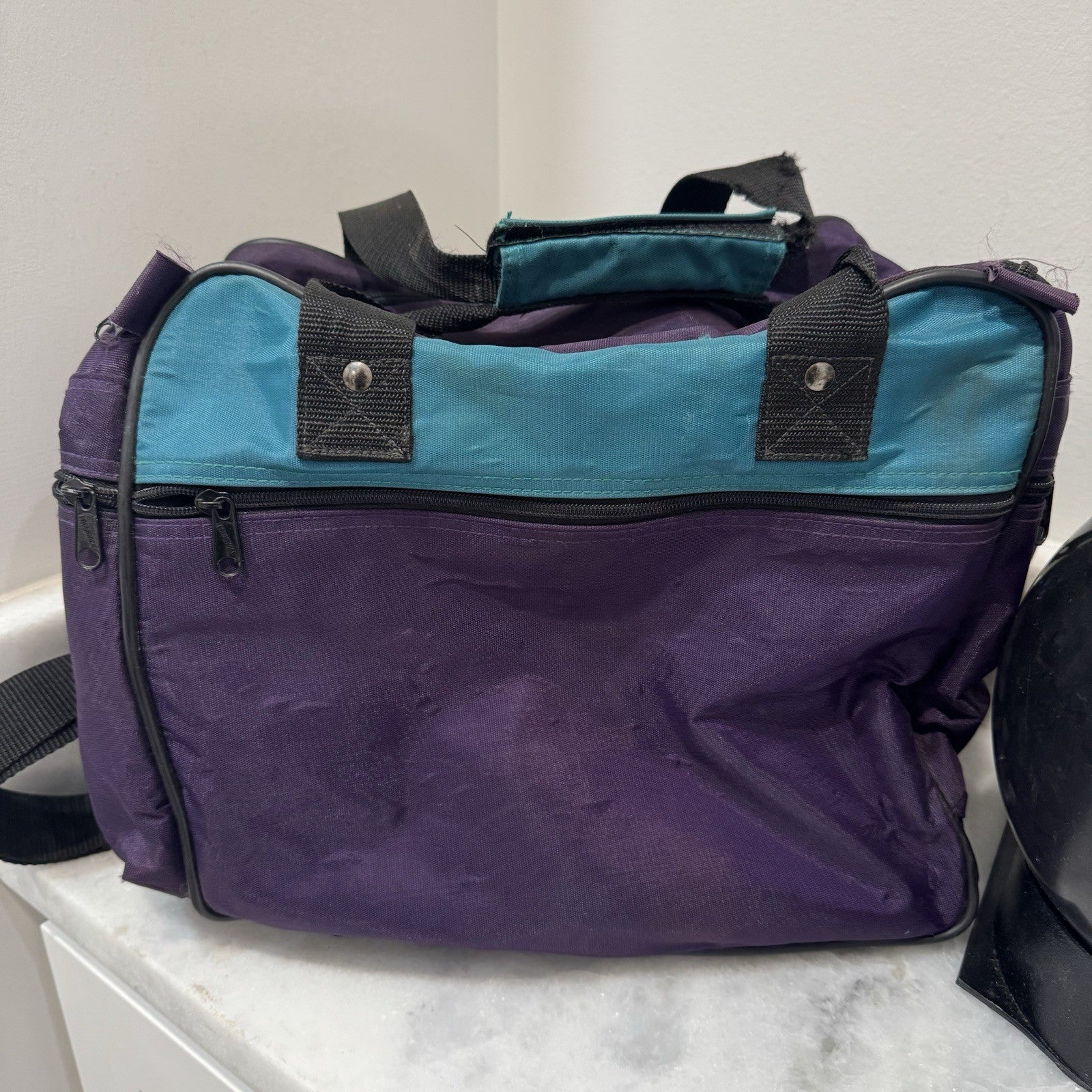 Vintage Brunswick Bowling Ball Bag with Stand And AMF Pro Ball.