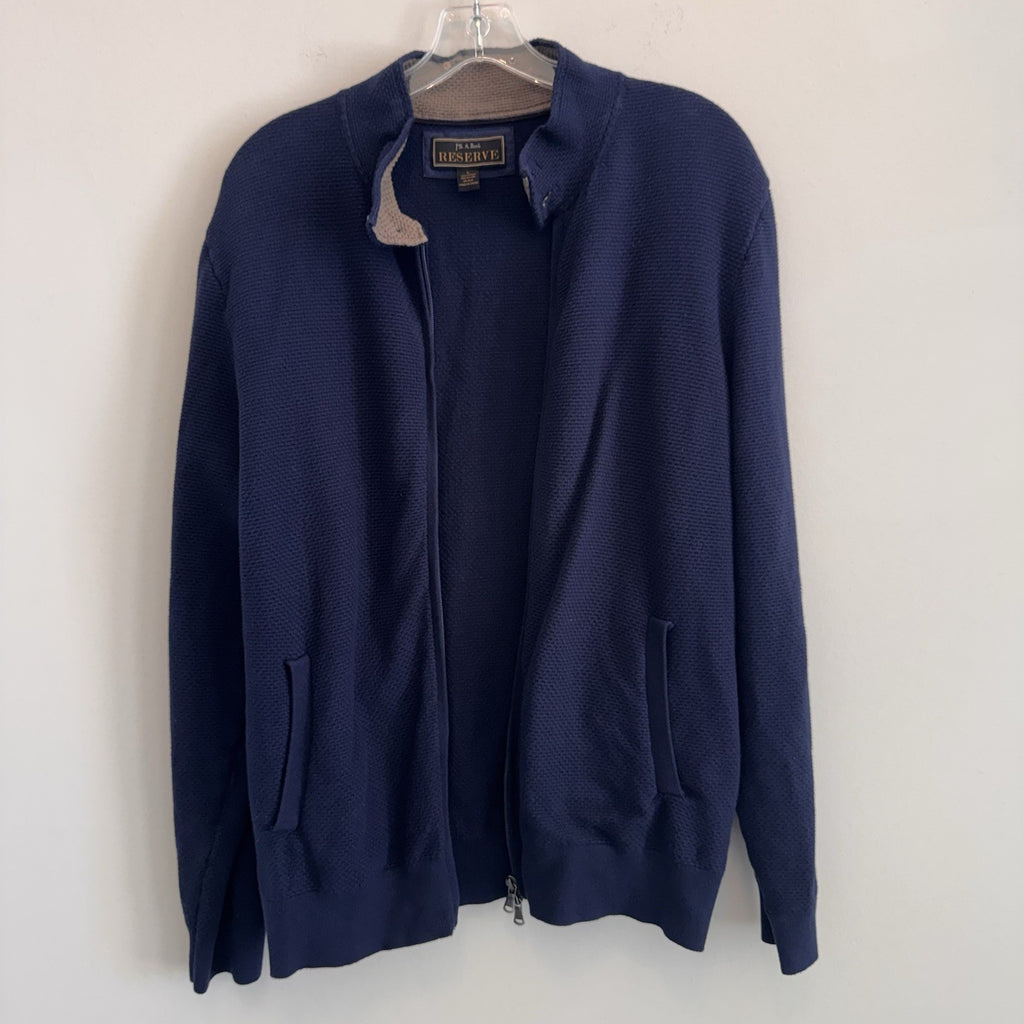 Jos A Bank Reserve Mens L Navy Blue Full Zip Sweater Jacket Cotton Silk Blend