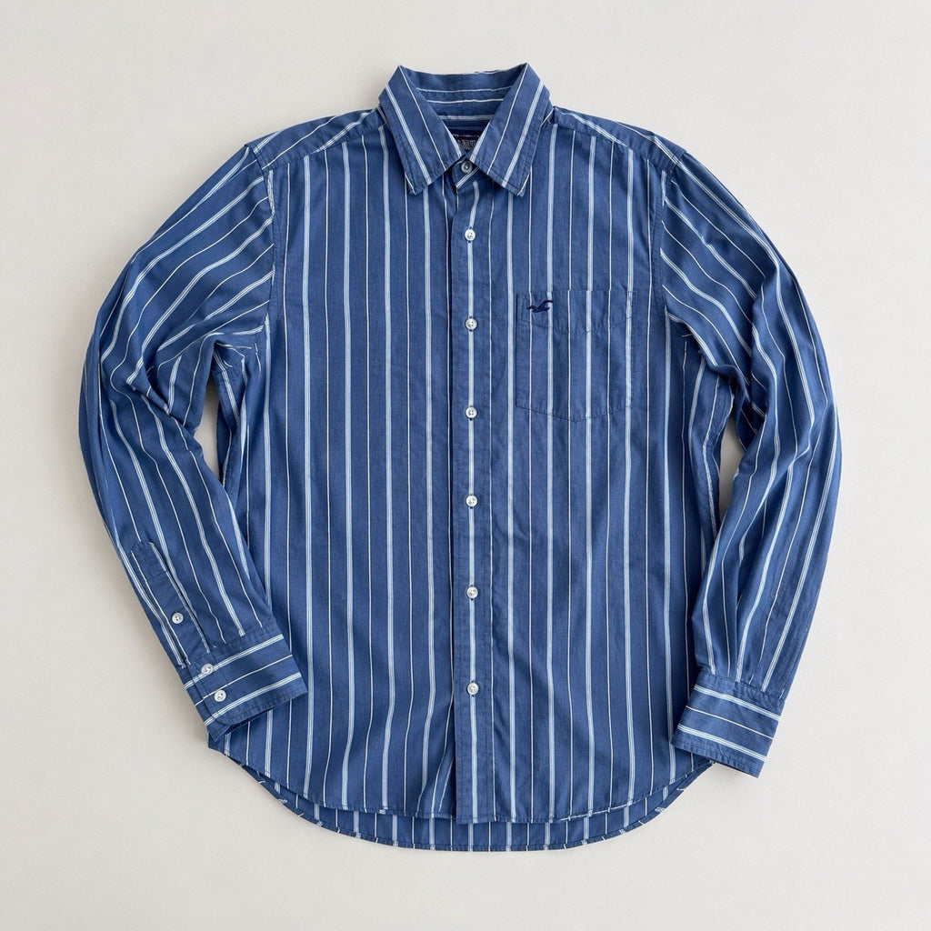 Hollister Men’s Medium Blue Striped Button Up Shirt Cotton Logo Casual