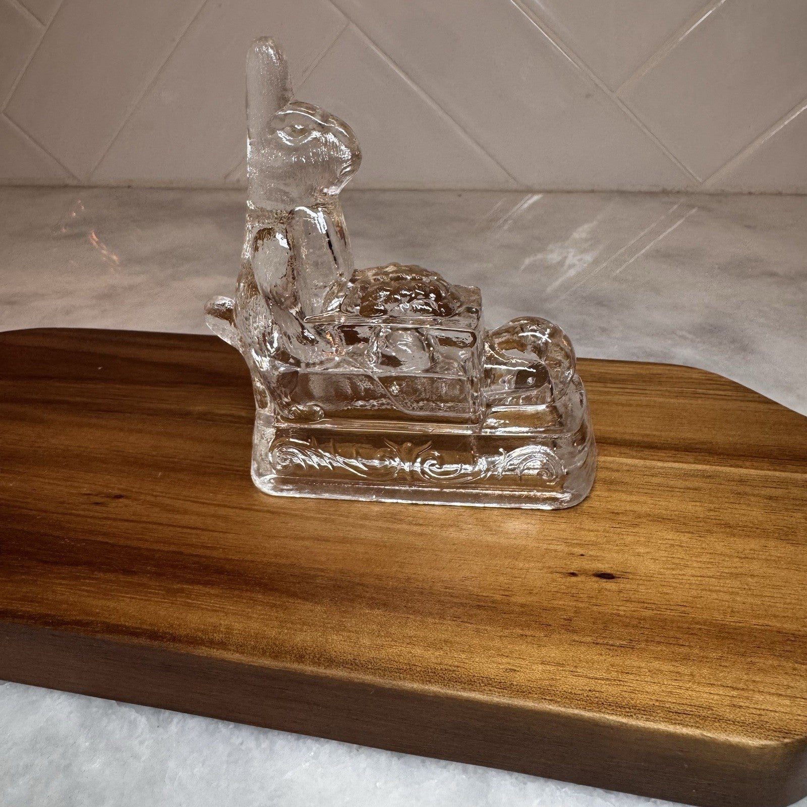 Vintage Clear Pressed Glass Bunny Rabbit Figurine Pushing Cart Wheelbarrow