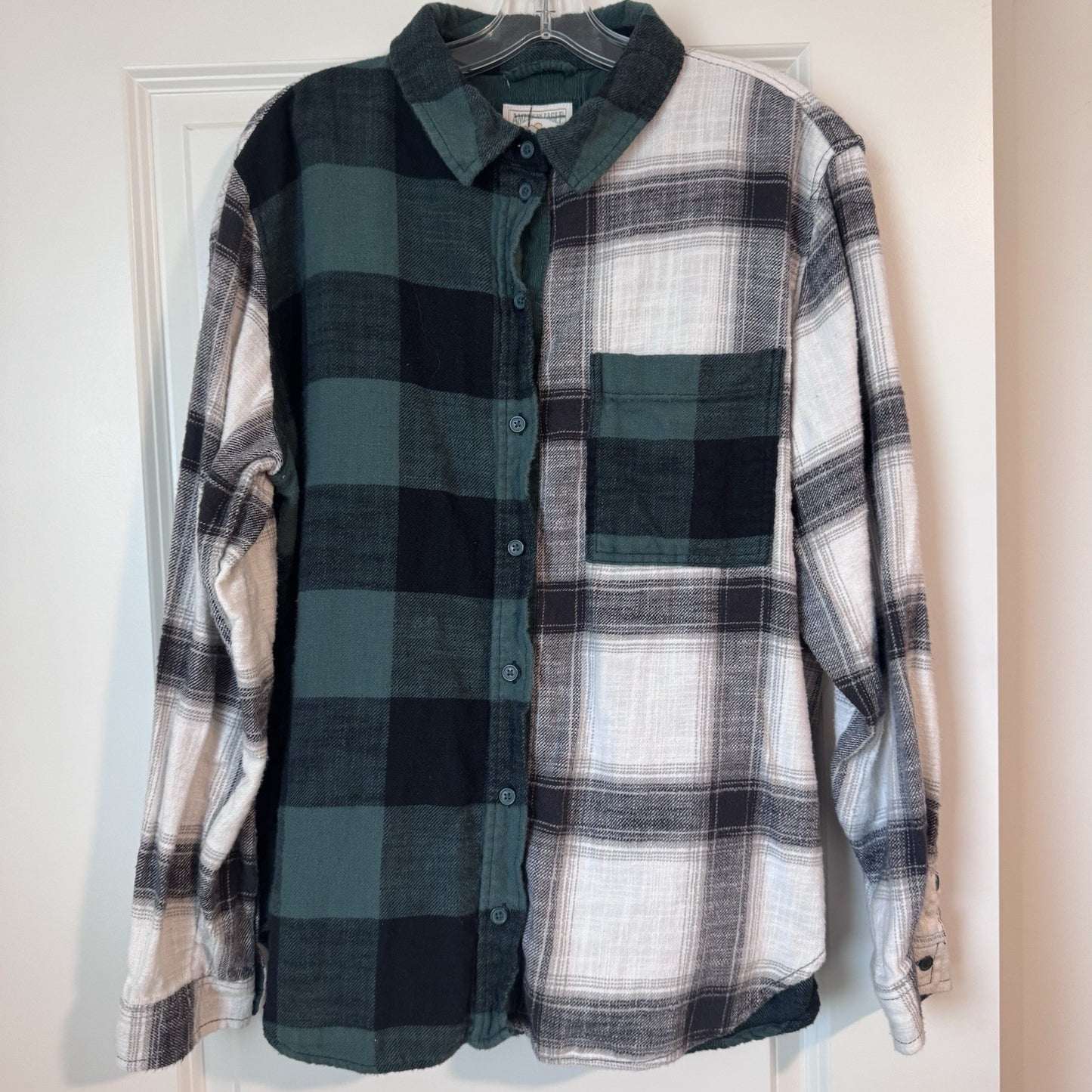 American Eagle Patchwork Plaid Flannel Shirt Women’s M Green Black Cotton