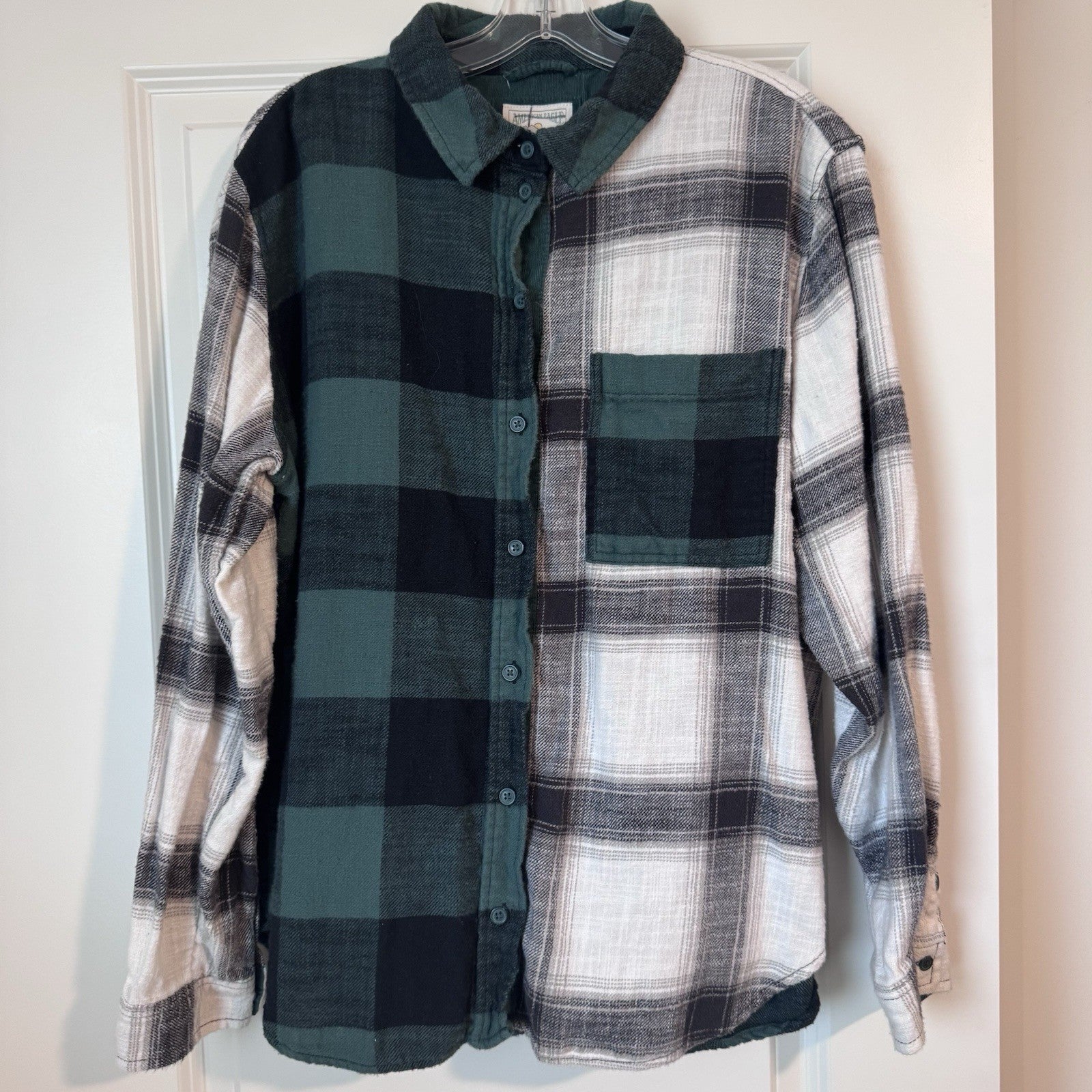 American Eagle Patchwork Plaid Flannel Shirt Women’s M Green Black Cotton