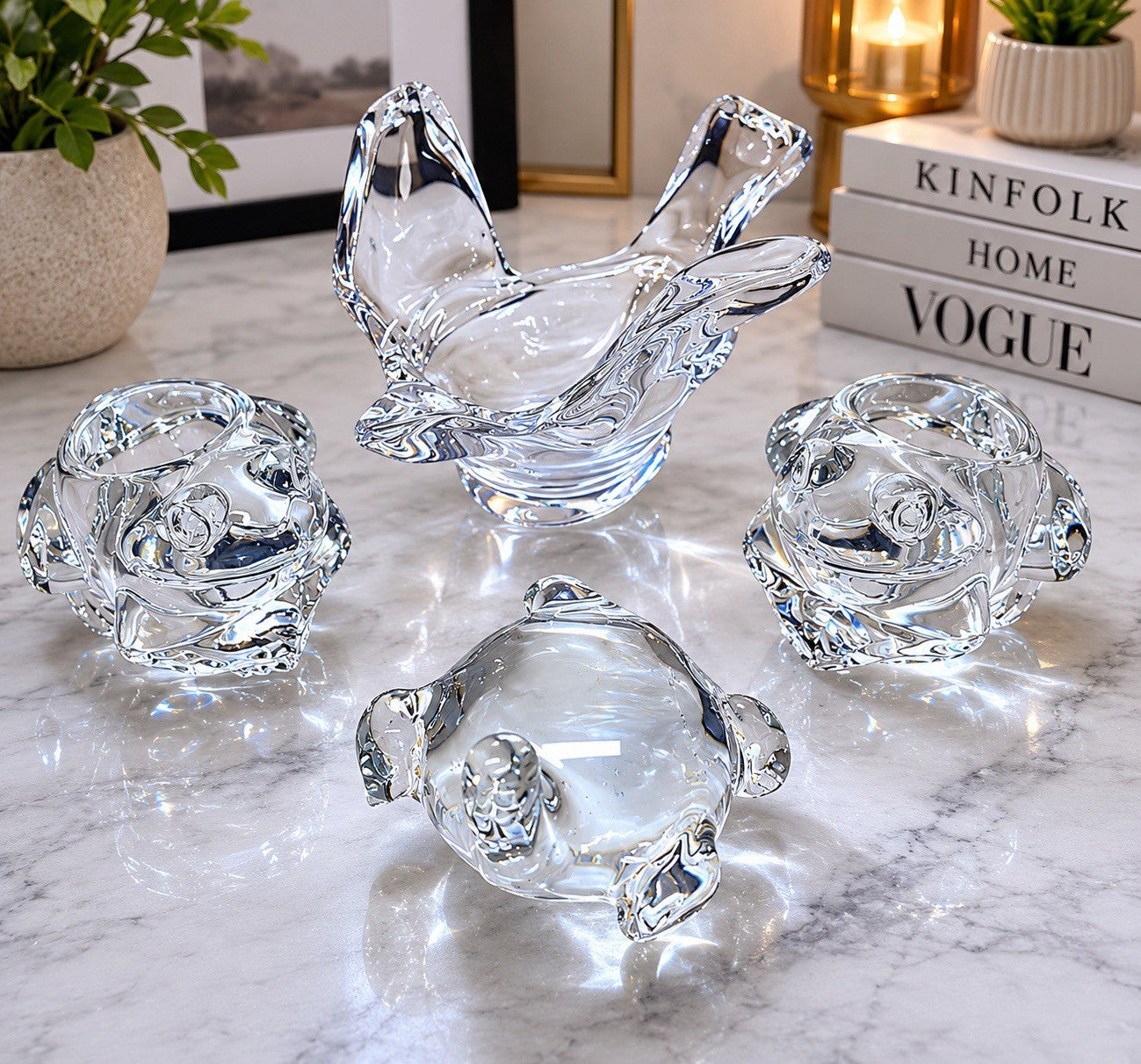 Vintage Clear Art Glass Candle Holder Set Abstract Modern Decor 4pc
