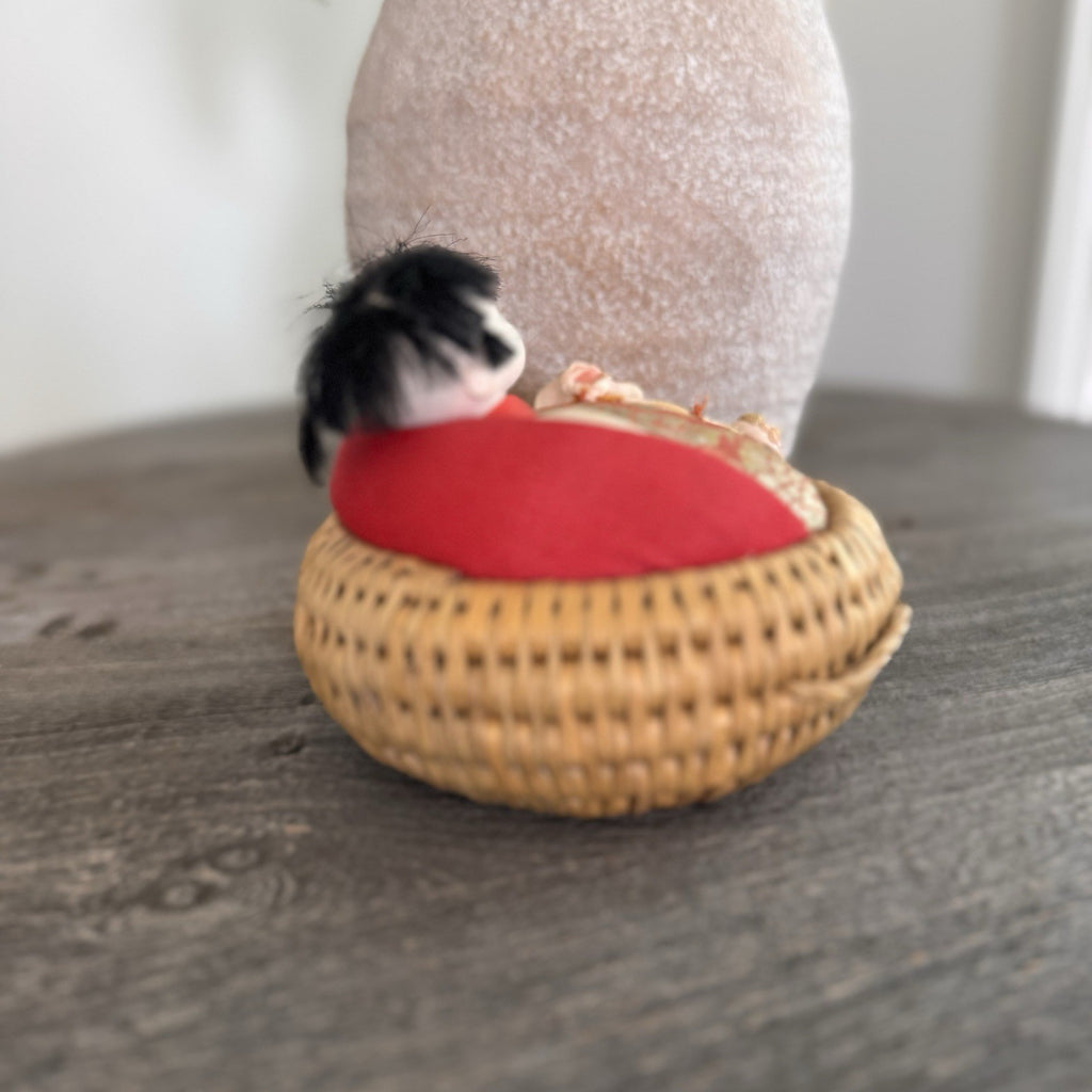 Vintage Japanese Woven Basket Doll Pincushion Geisha Silk Brocade Made in Japan