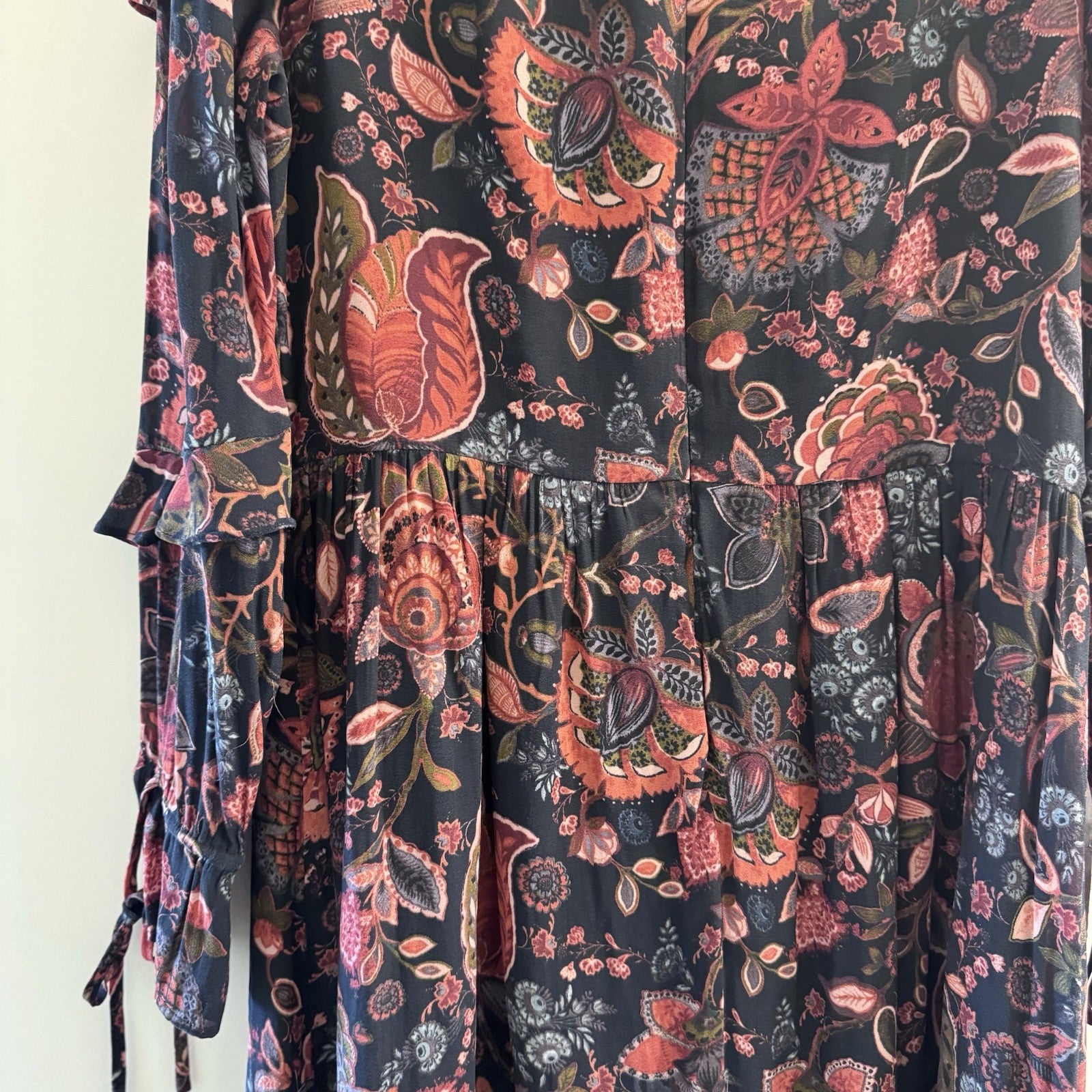 LOFT Floral Ruffle Dress Size 6 Navy Pink Long Sleeve Boho Midi Lined Fall Style