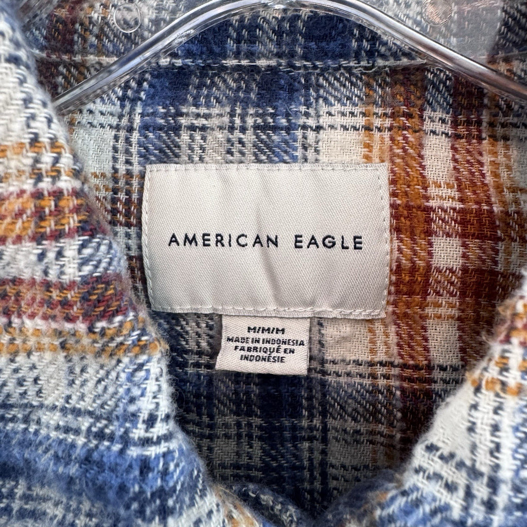 American Eagle Flannel Shirt Womens M Blue Brown Plaid Shacket Crop
