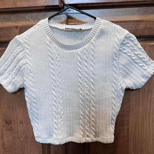 ZARA Cable Knit Cropped Short Sleeve Sweater | White | Size S