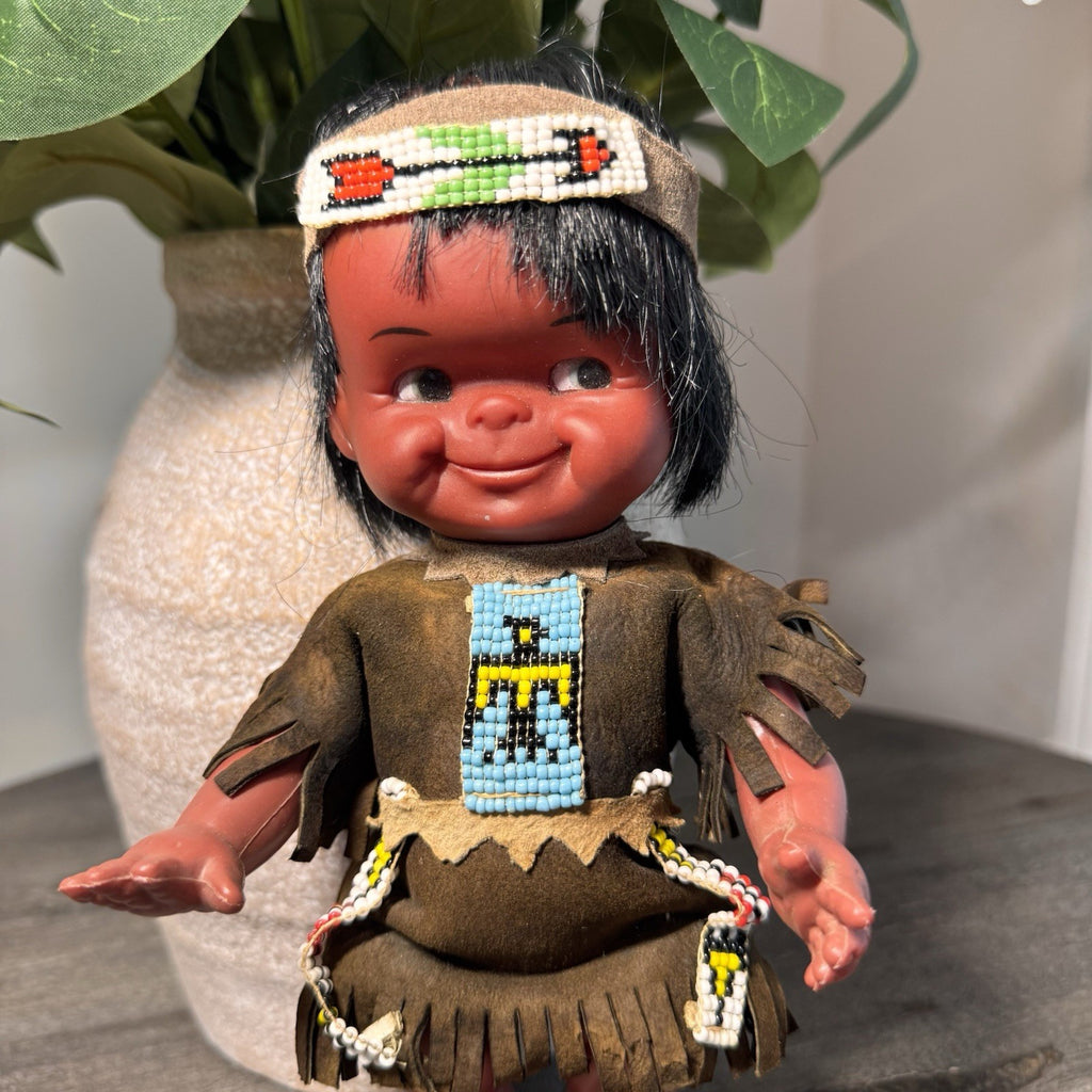 Vintage Native American Indian Doll Vinyl Souvenir Beaded Outfit Red Fringe