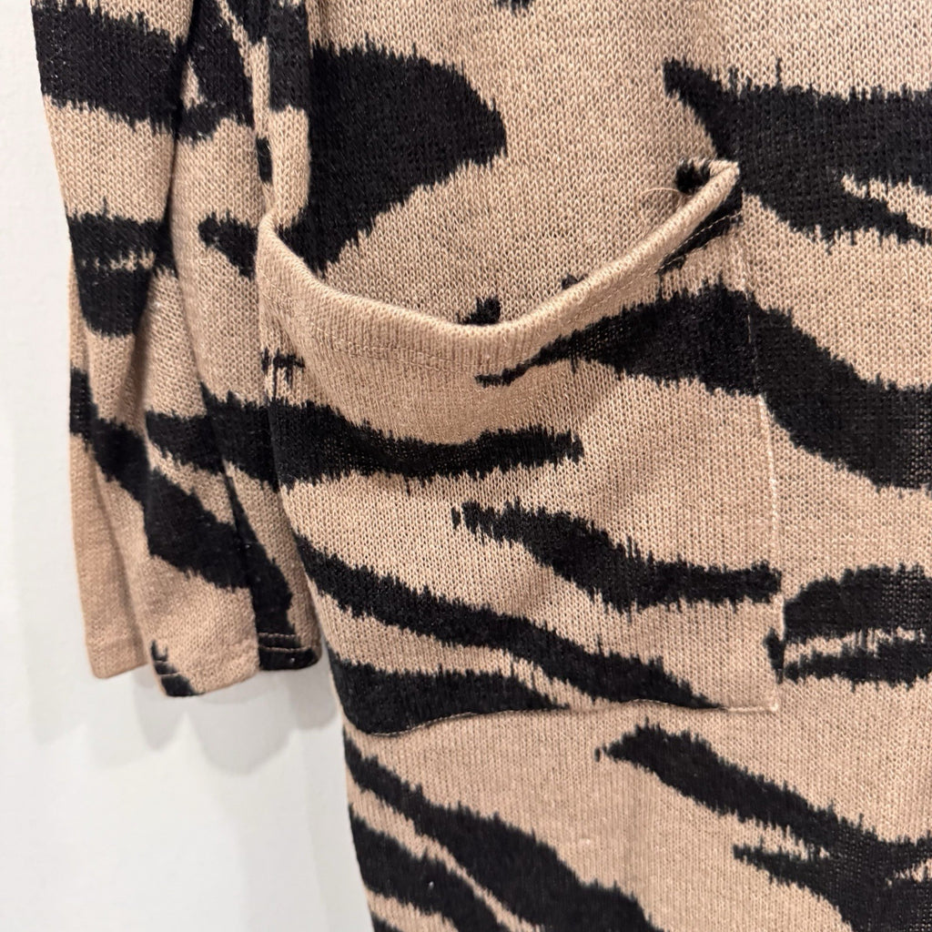 BIBI Women Large L Tiger Print Longline Cardigan Sweater Tan Black Animal Pocket