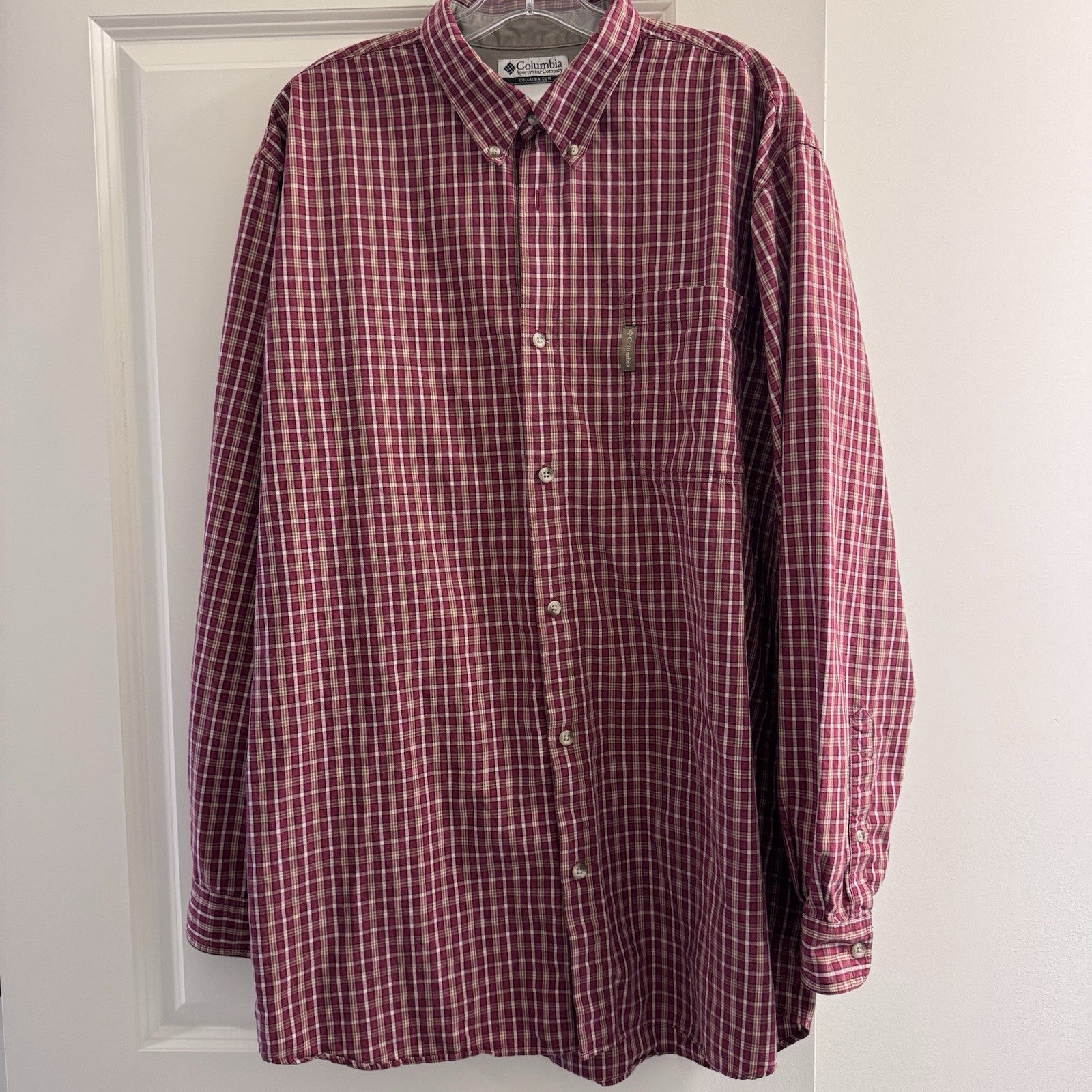 Columbia Men’s Button Down Shirt XLT Tall Red Plaid 100% Cotton Long Sleeve