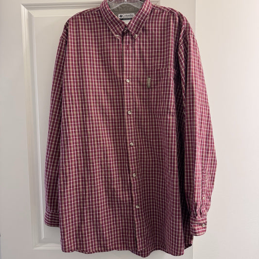 Columbia Men’s Button Down Shirt XLT Tall Red Plaid 100% Cotton Long Sleeve