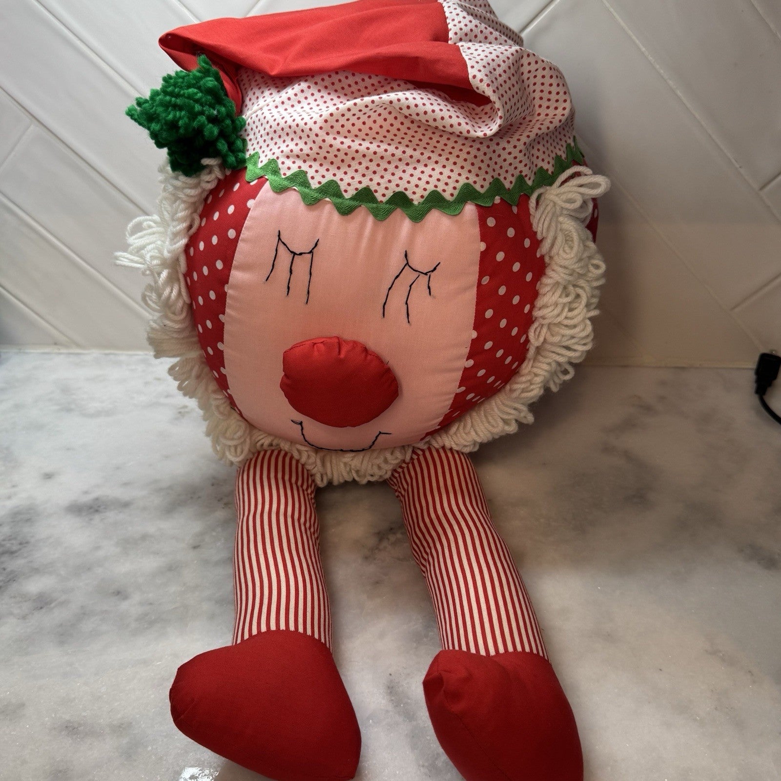 Vintage Christmas Elf Rag Doll Plush Red Polka Dot Shelf Sitter Decor Roly Poly