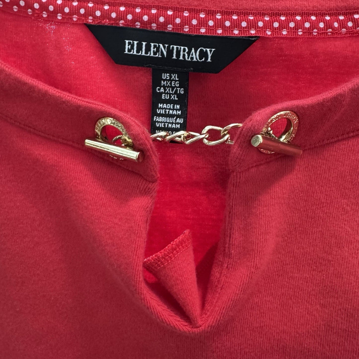 Ellen Tracy Women’s XL Red Top Gold Chain Keyhole Neck Short Sleeve Cotton