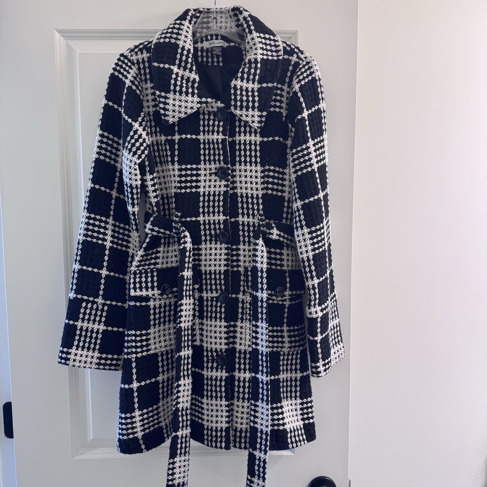 Y2K Body Central Plaid Wool Blend Coat Jacket L Black White Belted Vintage Loop 