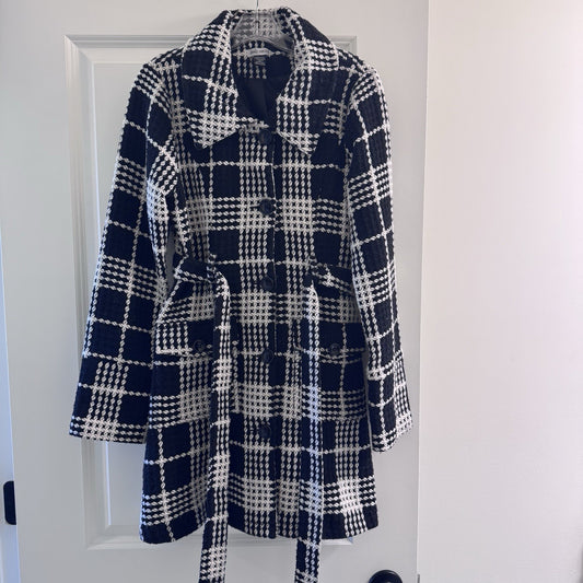 Y2K Body Central Plaid Wool Blend Coat Jacket L Black White Belted Vintage Loop 