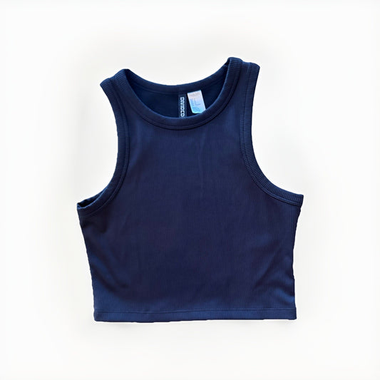 H&M Divided Navy Ribbed Cropped Tank Top Size M Sleeveless Stretch Basic Y2K