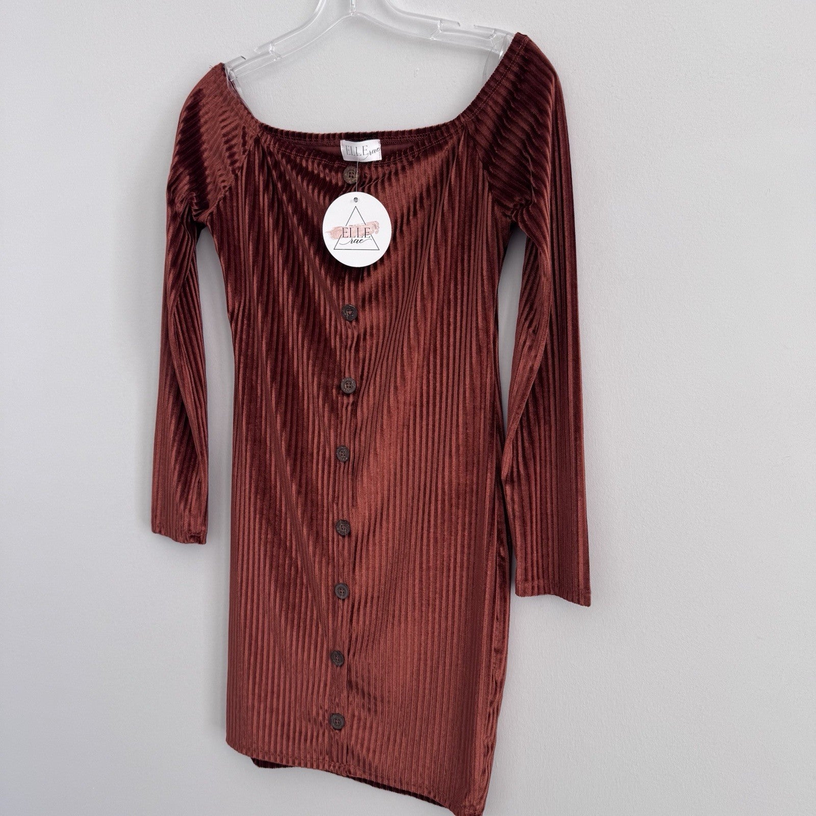 NWT Elle Rae Naomi Ribbed Velvet Dress Rust Button Front M Long Sleeve Bodycon
