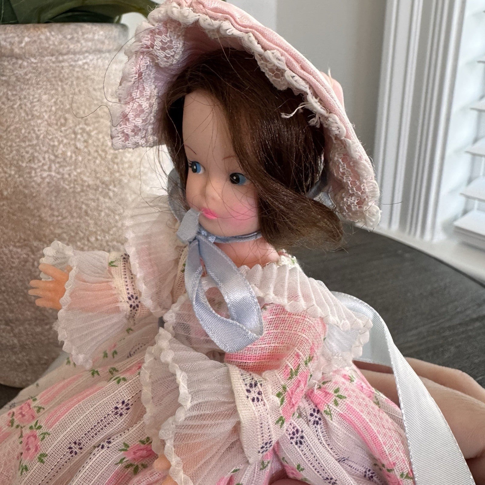 Vintage Southern Belle Souvenir Doll 8.5" Pink Rose Floral Gown Lace Bonnet 1950