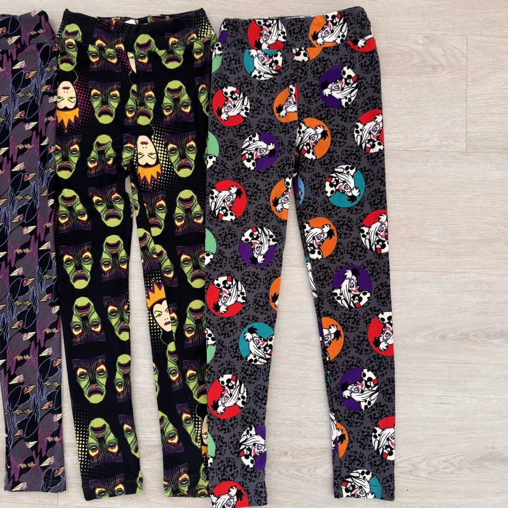 LuLaRoe Disney Villains Leggings Lot 4 L/XL Cruella Scar Evil Queen Maleficent