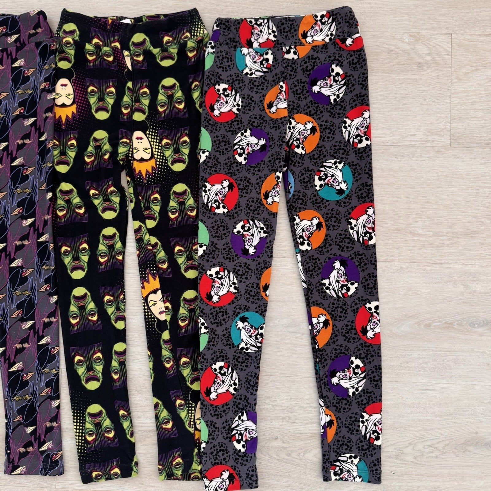 LuLaRoe Disney Villains Leggings Lot 4 L/XL Cruella Scar Evil Queen Maleficent