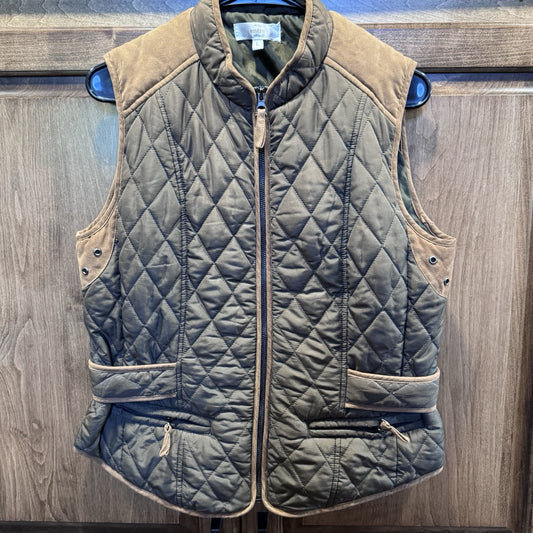 ENTRO Women's Olive Green Quilted Polyester Faux Suede Zip-Up Vest Large