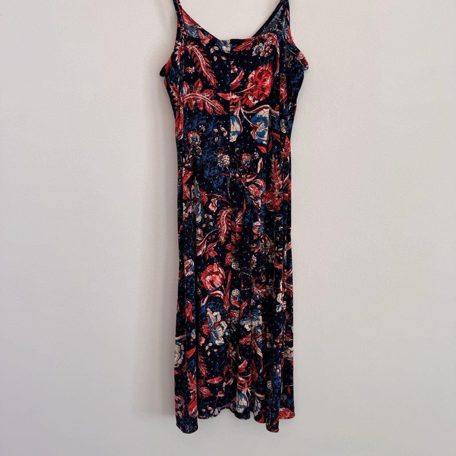 Express Floral Slip Dress Small Navy Red Boho Midi Spaghetti Strap Rayon Women’s