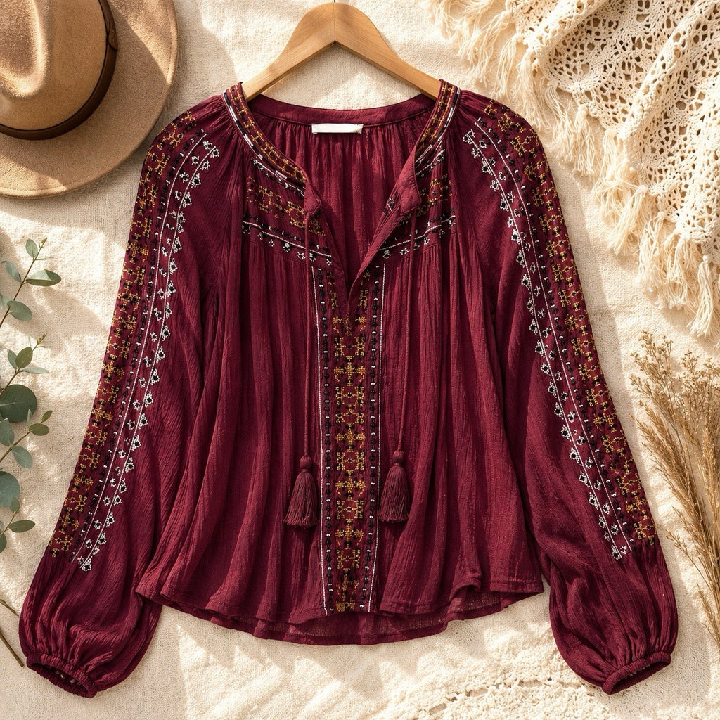 American Eagle Peasant Blouse Womens S Burgundy Embroidered Boho Hippie Casual