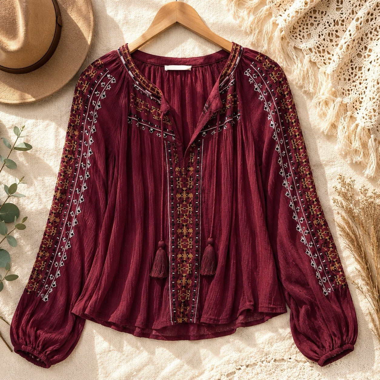 American Eagle Peasant Blouse Womens S Burgundy Embroidered Boho Hippie Casual