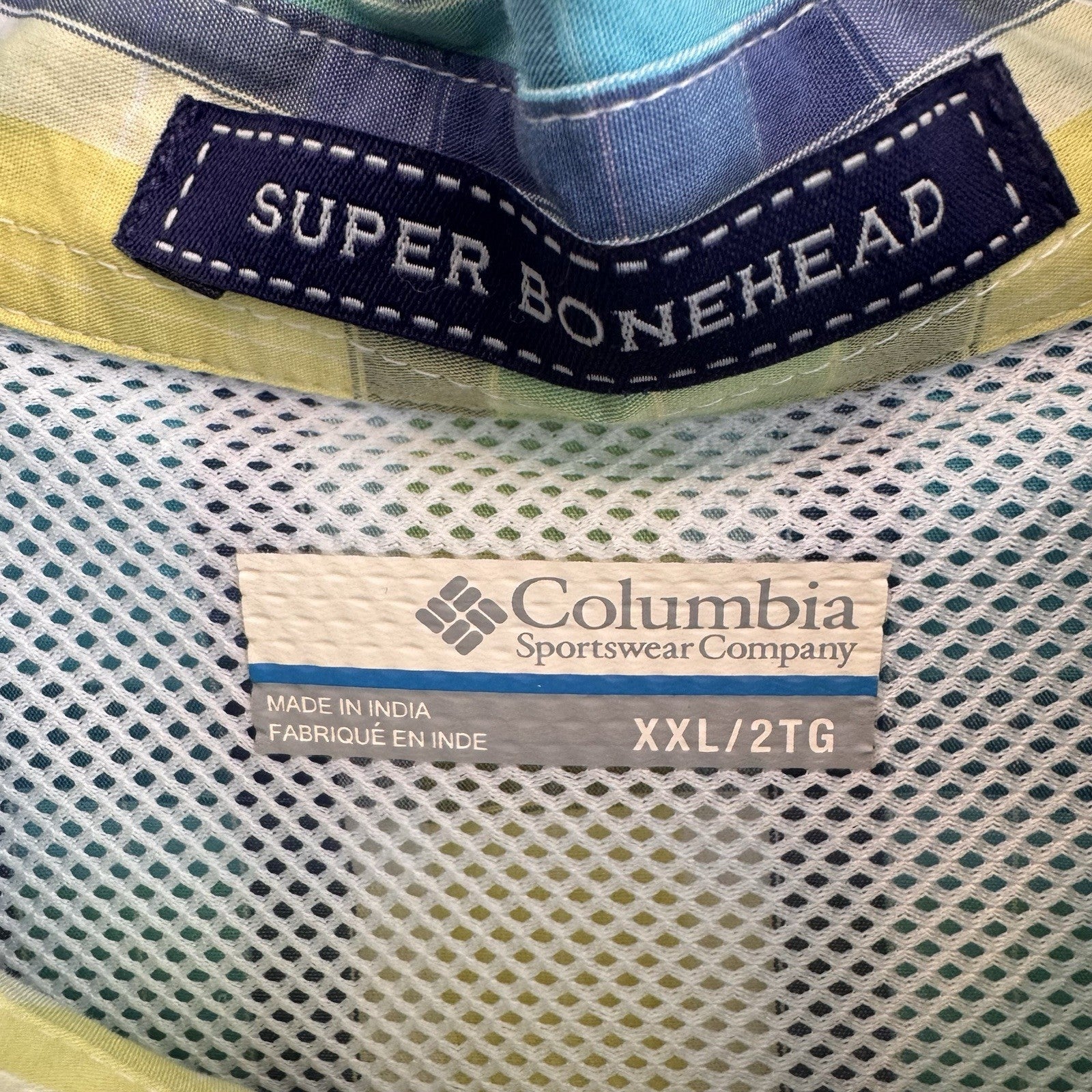 Columbia PFG Super Bonehead Shirt XXL Teal Lime Green Plaid Fishing S/S