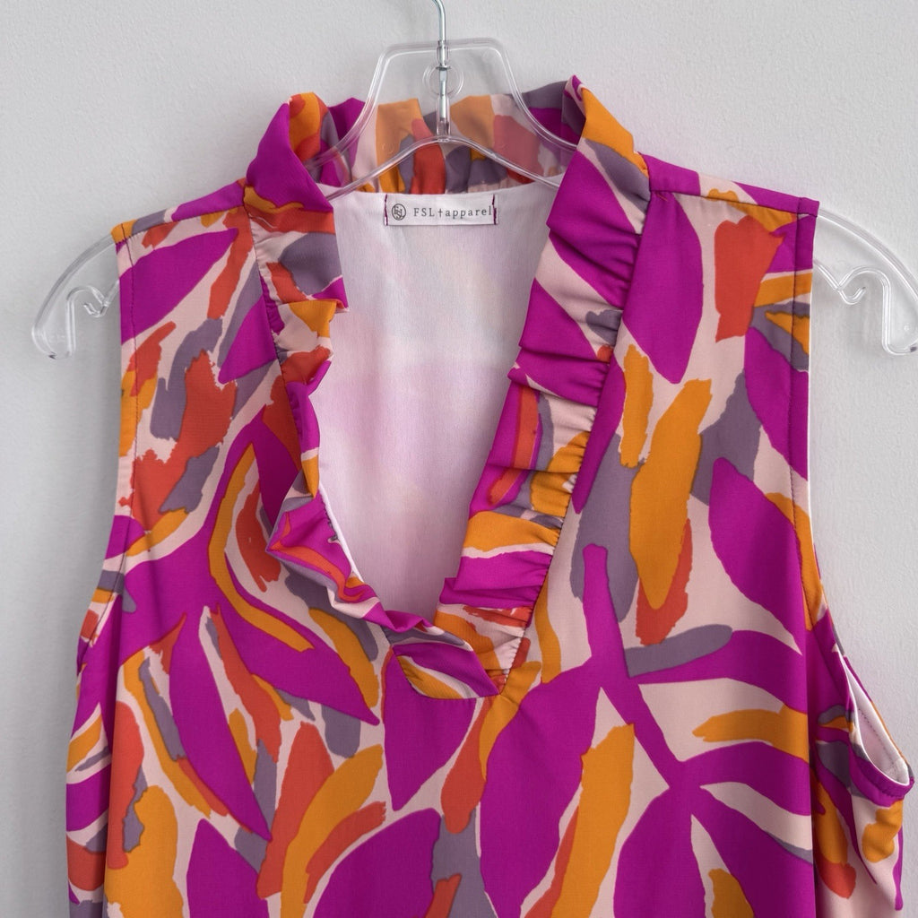 FSL Apparel Sleeveless Ruffle Dress L Pink Orange Abstract Print NWOT